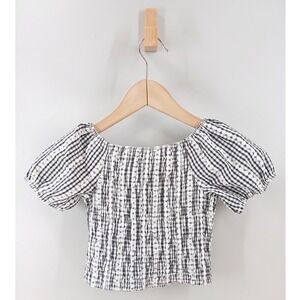 Primark Smocked Top Girls 4-5Y Black White Gingham Puff Sleeve Cottagecore